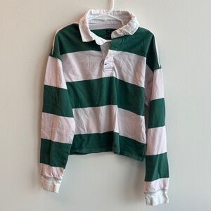Green and White Striped Kids Button Down Polo Longsleeve Shirt